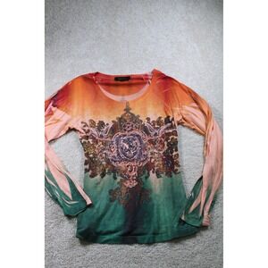 BLEU Shirt Womens Small Orange Green Long Sleeve Rhinestone Embellished Boho USA